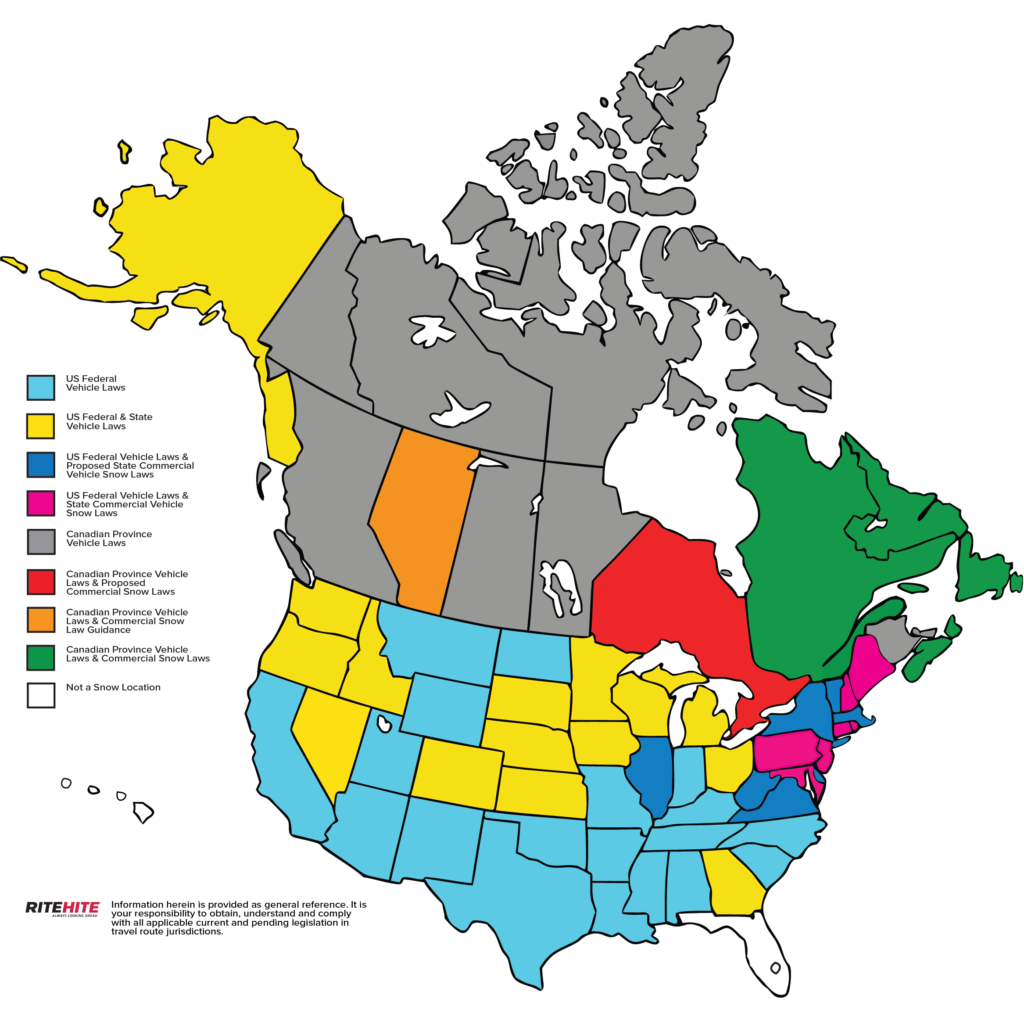 a color coded map of the US and Canada reflecting snow law legislation. 